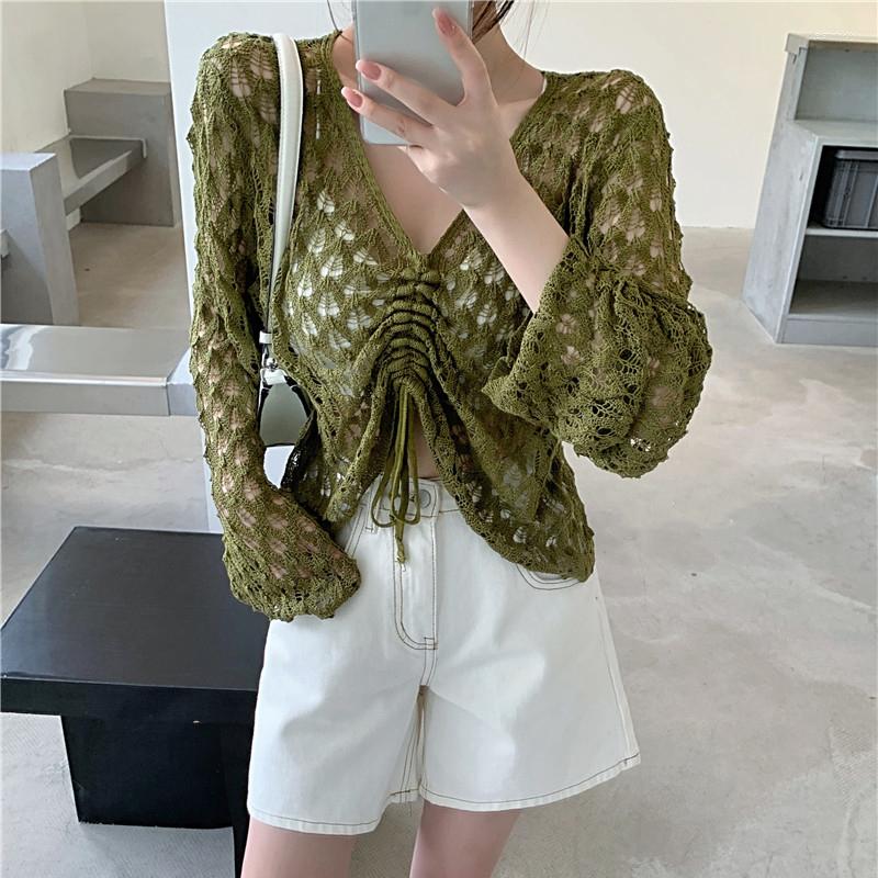 Women's Blouses Summer Thin Loose Hollow Out Knit Women Drawstring Folds V-neck Long-sleeved Solid Color Shirt, Green
Women's Blouses Summer Thin Loose Hollow Out Knit Women Drawstring Folds V-neck Long-sleeved Solid Color Shirt, Green