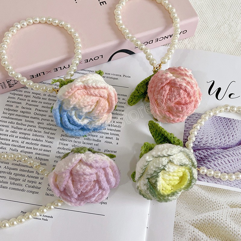 Korean Cute Keychains For Women Fabric Rose Pearl Woven Wristband Bracelet Key Chains Flowers Pendant Car Keyring