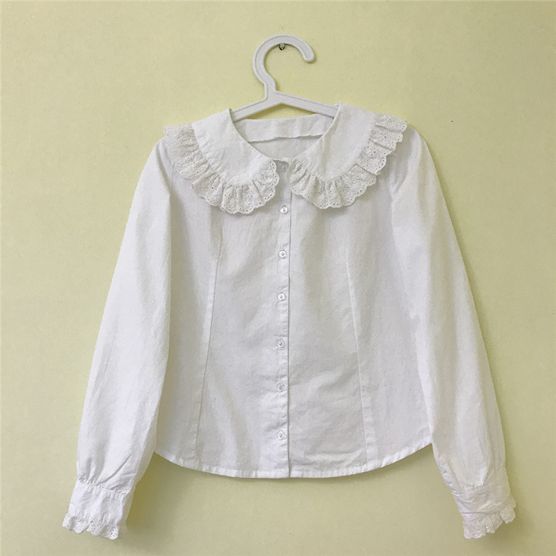 Women's Blouses Shirts Japanese Kawaii Sweet Womens White Blouses Cute Button Down Peter Pan Collar Lace Top Lolita Cotton Long Sleeve Vintage Sh