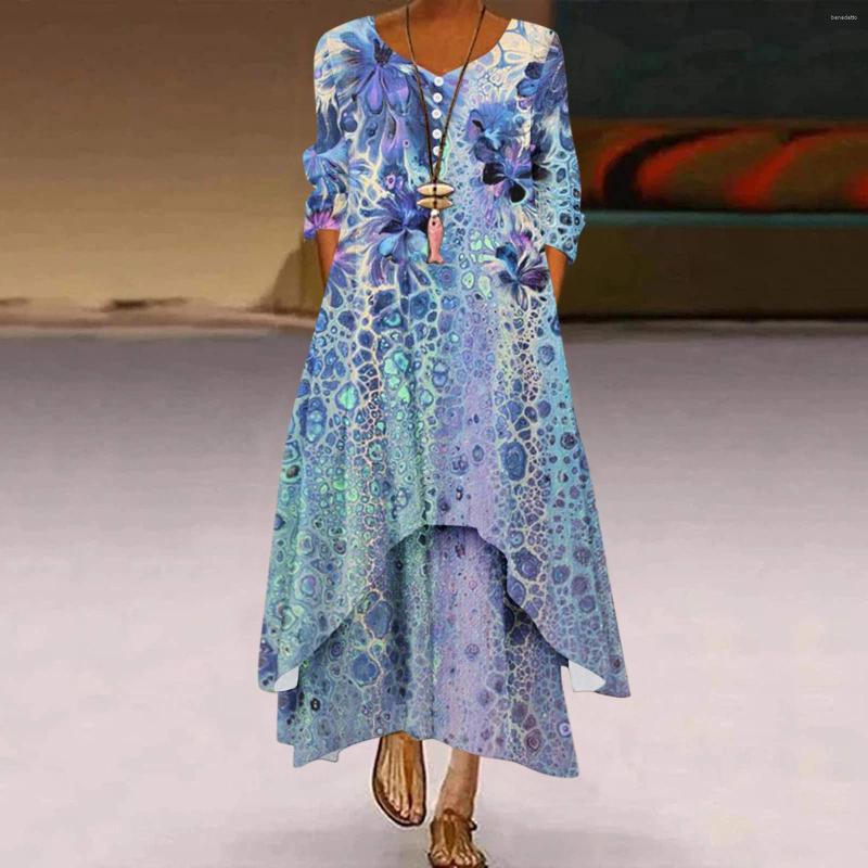 Casual Dresses Plus Size Floral Loose Long Maxi For Women 2023 Oversized Bohemian Summer Beach Dress Boho Robe Femme, Blue