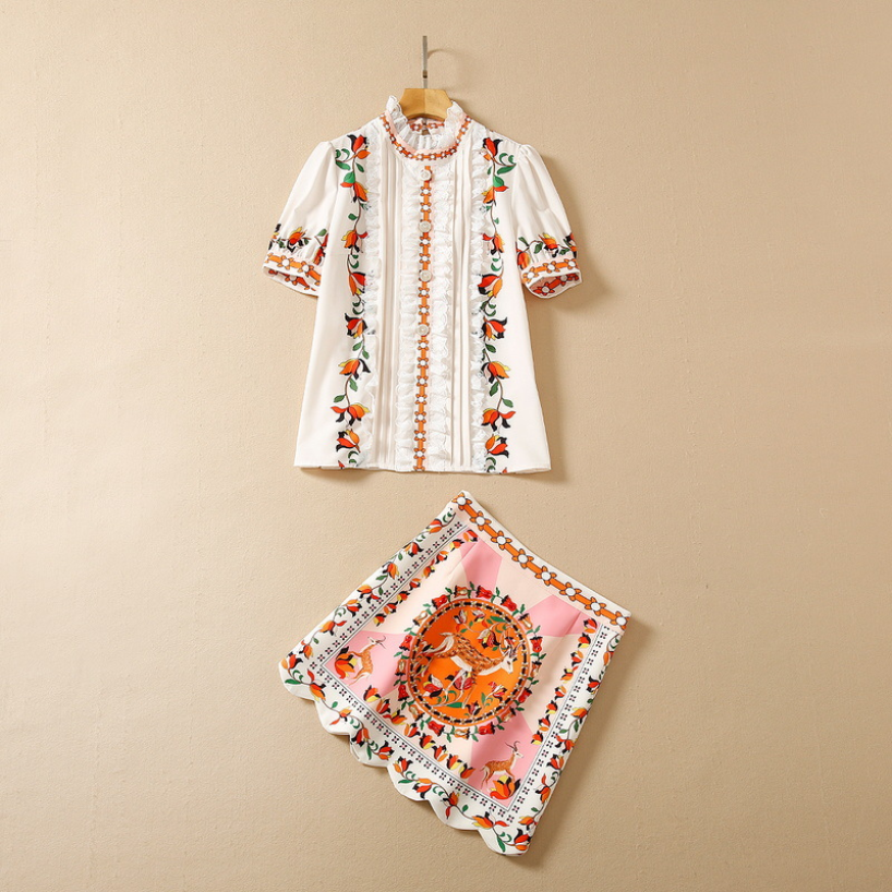 Summer Short Sleeve Two Piece Short Skirt Suits Round Neck Multicolor Floral Print Panelled Lace Blouse & Beaded Mini 2 Pieces Set 22Q042326SK, Multi
Summer Short Sleeve Two Piece Short Skirt Suits Round Neck Multicolor Floral Print Panelled Lace Blouse & Beaded Mini 2 Pieces Set 22Q042326SK, Multi