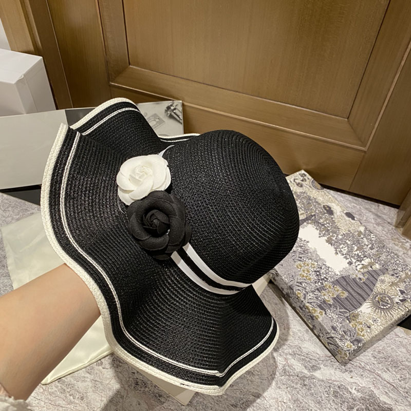 Lotus Leaf Elegant Lady Wide Brim Hats Double Color Camellia Women Straw Hats Striped Ribbon Dome Sun Hats