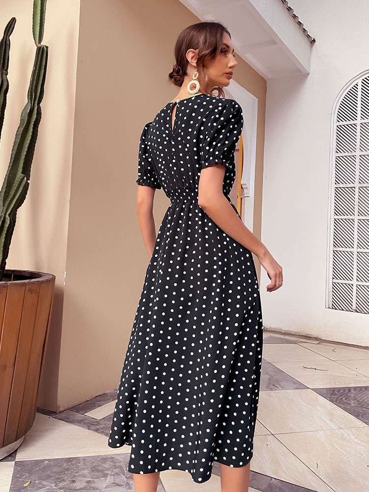 Casual Dresses JIM NORA Elegant Summer Beach Sundress Midi Dress Women Boho Chiffon Polka Dot Casual Mid-length Temperament Retro Dresses 230313