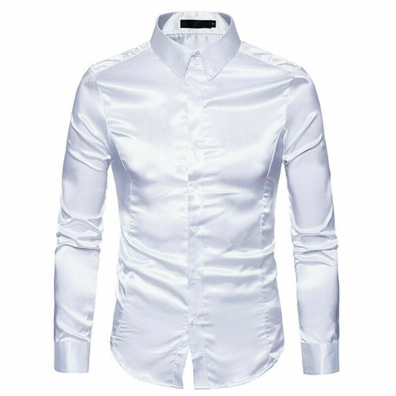Men's T-Shirts Plus size S-XXL Men Shirt Silk Satin Smooth Men Solid Tuxedo Business Shirt Men Casual Slim Fit Shiny Gold Wedding Dress Shirts 23