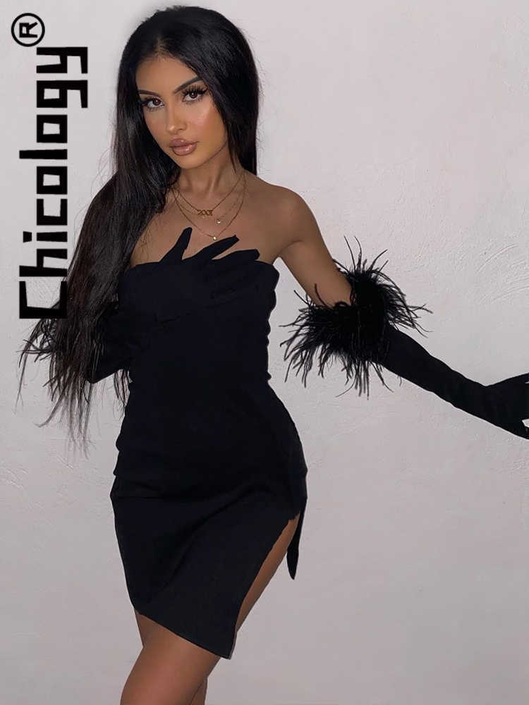 Casual Dresses Chicology Sexy Strapless Black Slit With Feather Gloves Slim Mini Dress Party Club Festival Evening 2022 Women Clothes Wholesale Z0306
Casual Dresses Chicology Sexy Strapless Black Slit With Feather Gloves Slim Mini Dress Party Club Festival Evening 2022 Women Clothes Wholesale Z0306