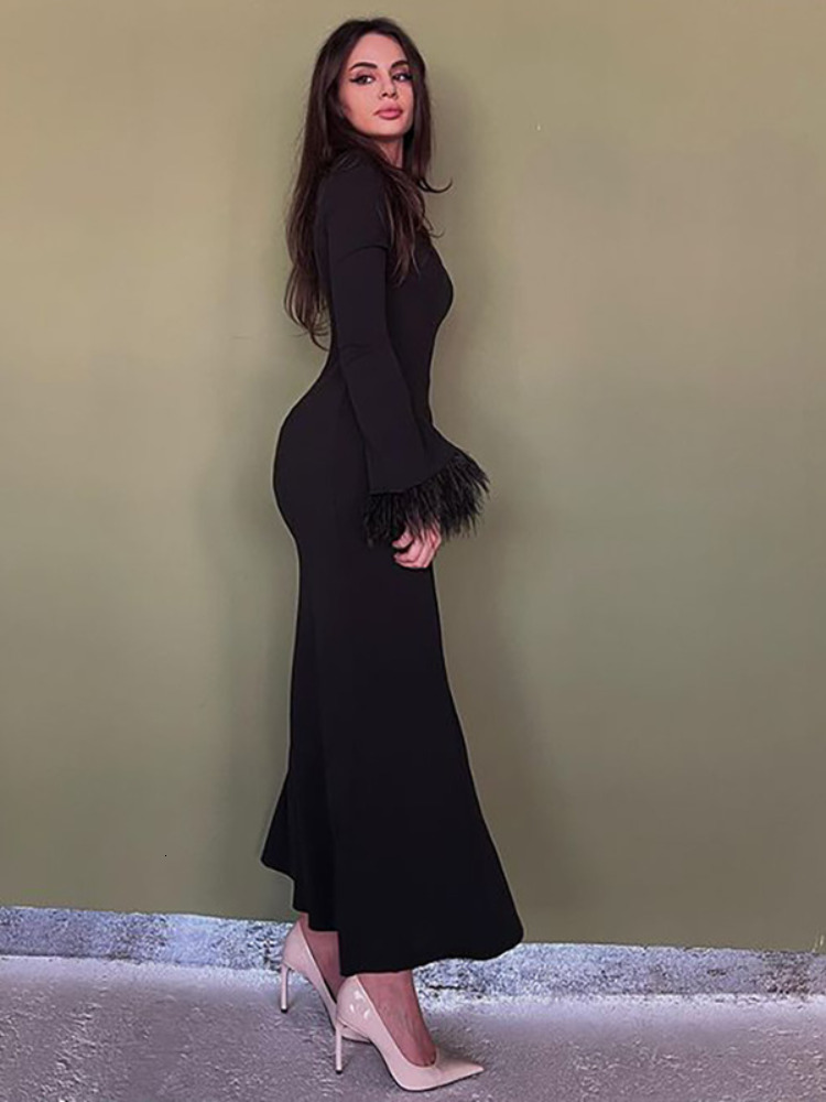 Casual Dresses Casual Feather Patchwork Long Spring Dress Streetwear Women Elegant Chic Bodycon Evening Party Black Dresses Y2K Female 230313