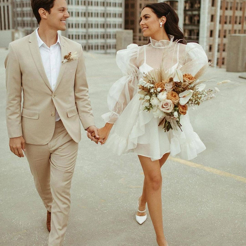 vestido de fiesta de boda Short Wedding Dress Long Sleeves White Mini Bridal Gowns Long robe de mariee