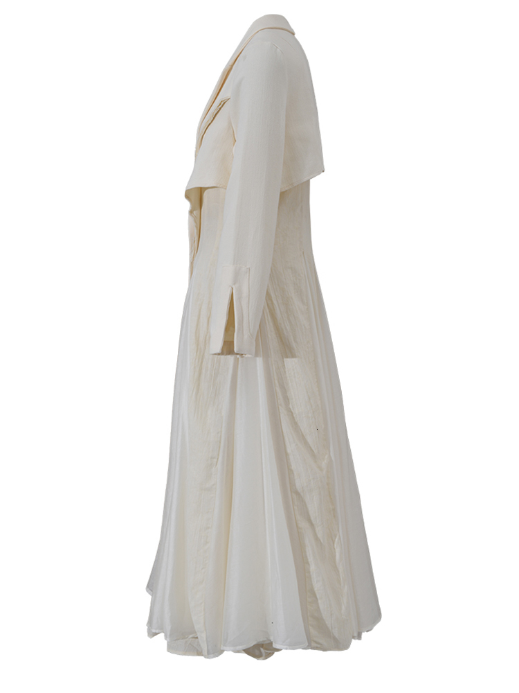 Casual Dresses EAM Women Beige Pleated Liene Long Elegant Dress Lapel Neck Long Sleeve Loose Fit Fashion Spring Autumn 3W6617 230313