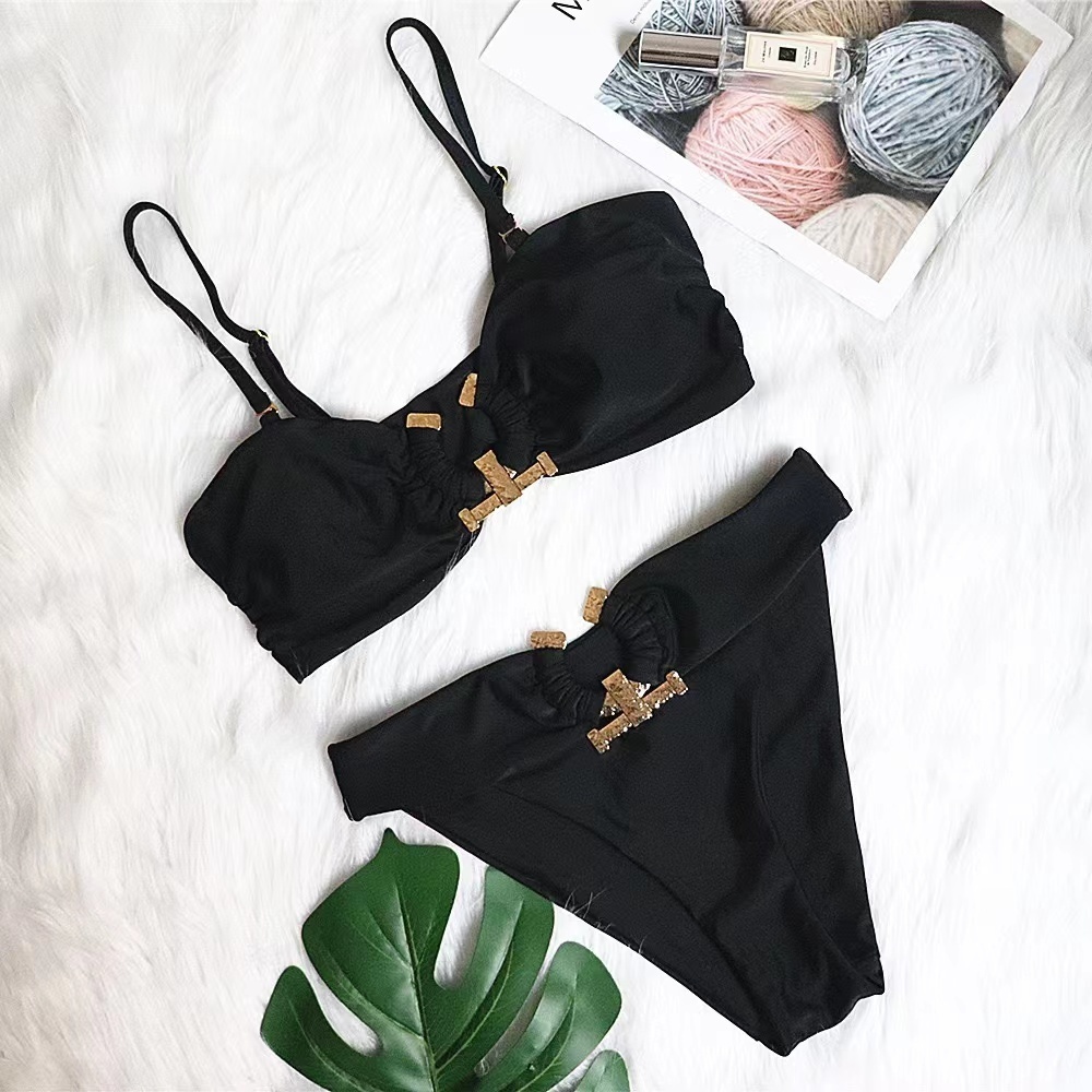 Women's Swimwear 2023 Sexy Solid Black Bikini Women Off Shoulder High Cut Push Up Padded Brazilian Bathing Suit Swimsuit 230313