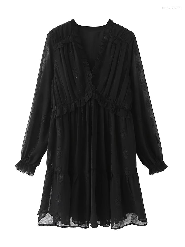 Casual Dresses YENKYE Autumn Women Black Ruffled Jacquard Dress Long Sleeve V Neck Female Mini
Casual Dresses YENKYE Autumn Women Black Ruffled Jacquard Dress Long Sleeve V Neck Female Mini