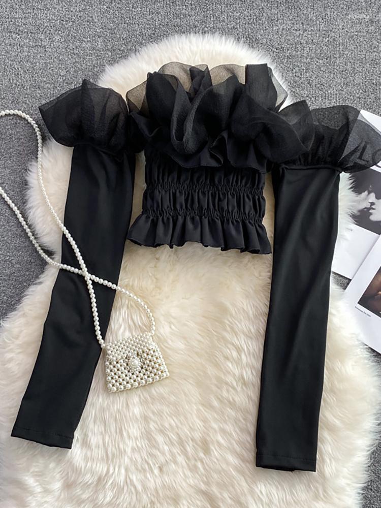 Women's Blouses Summer Sexy Black Mesh Party Blouse Women Slash Neck Ruffle Long Sleeve Short Shirt Female Club Strapless Tops 2023
Women's Blouses Summer Sexy Black Mesh Party Blouse Women Slash Neck Ruffle Long Sleeve Short Shirt Female Club Strapless Tops 2023