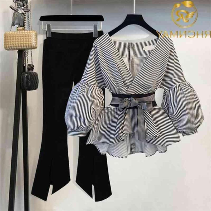 Down jacket Spring Summer 2 Pcs Suits Women's Striped Bow Lantern Sleeve Blouse Black Split Flare Sleeve Pants Set S-3XL 210515 Iqthe, 2pcs set
Down jacket Spring Summer 2 Pcs Suits Women's Striped Bow Lantern Sleeve Blouse Black Split Flare Sleeve Pants Set S-3XL 210515 Iqthe, 2pcs set