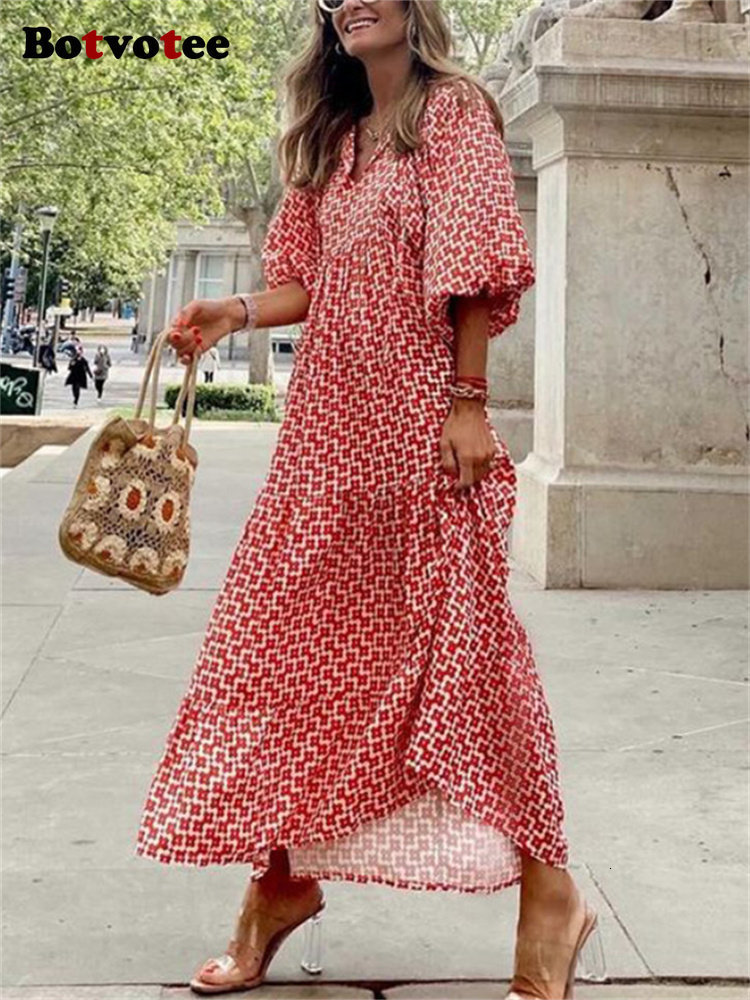 Casual Dresses Botvotee Maxi Dress for Women Geometric Print Puff Sleeve V Neck Elegant Summer Dresses Casual Oversized A Line Long Dress 230313