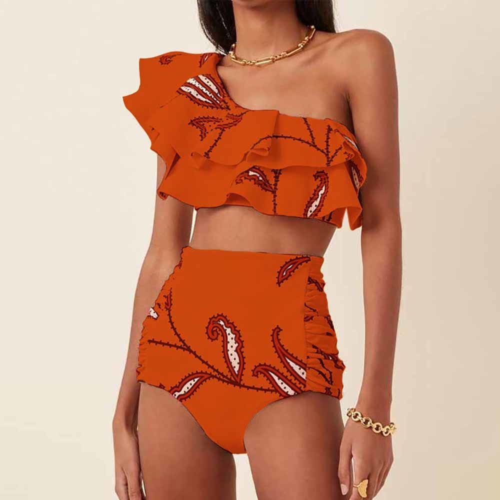 Women's Swimwear OneShoulder Swimsuit Fashion Beige Ruched Printed Bikini High Waist Bottom Beach Bathing Suit 230313