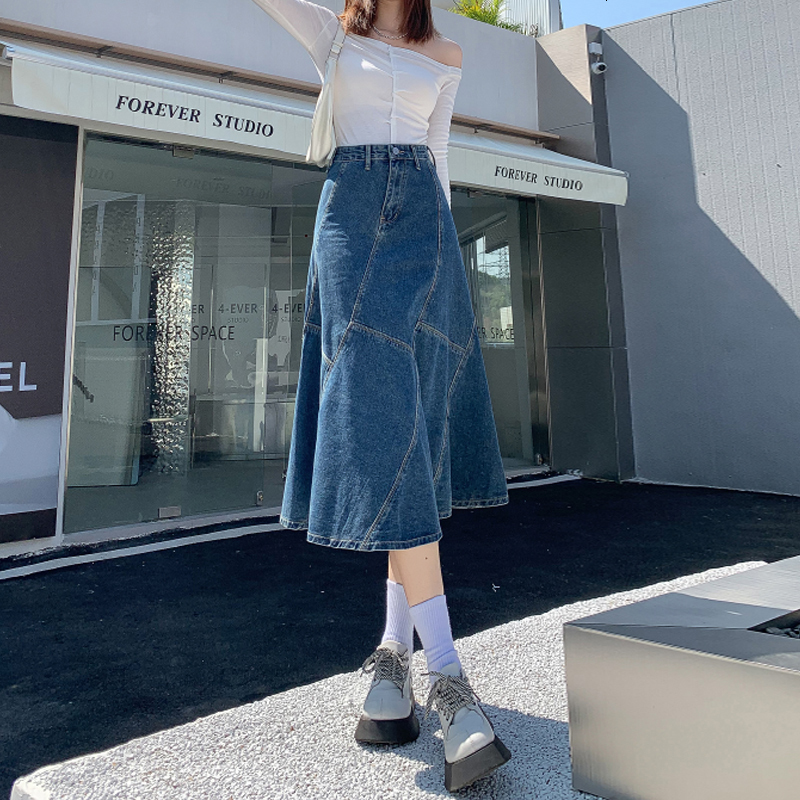 Skirts Vintage Women Denim Trumpet Skirt Streetwear Casual Irregular Patchwork A Line High Waist Ladies Mermaid Jean plaid Skirt 230313