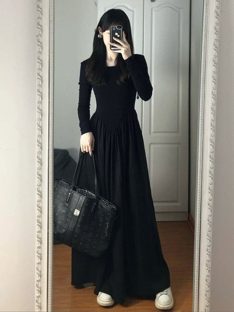 Casual Dresses Maxi Black Long Sleeve Dresses for Women Autumn Vestido De Mujer Solid Minimalist Folds Empire Korean Fashion Style Stylish 230313