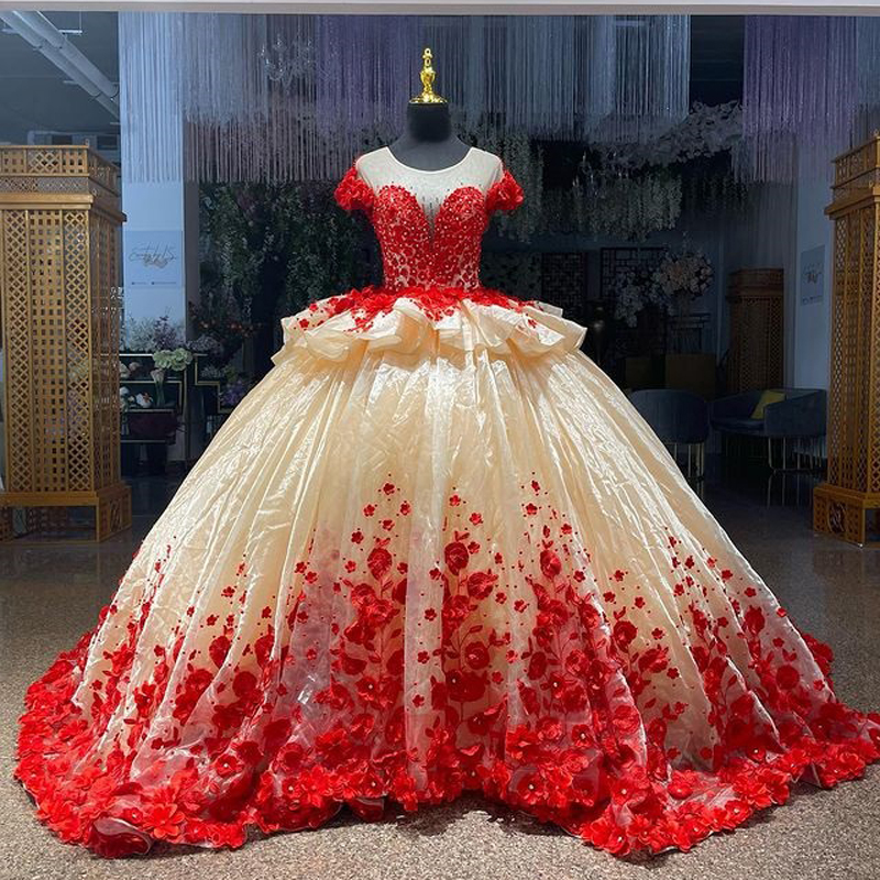 Red Quinceanera Dress O-Neck Appliques 3D Flowers Party Princess Sweet 16 Ball Gown Vestidos De 15 Anos, Champagne
Red Quinceanera Dress O-Neck Appliques 3D Flowers Party Princess Sweet 16 Ball Gown Vestidos De 15 Anos, Champagne