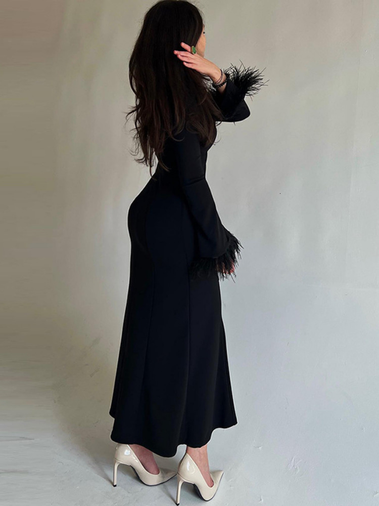 Casual Dresses Casual Feather Patchwork Long Spring Dress Streetwear Women Elegant Chic Bodycon Evening Party Black Dresses Y2K Female 230313