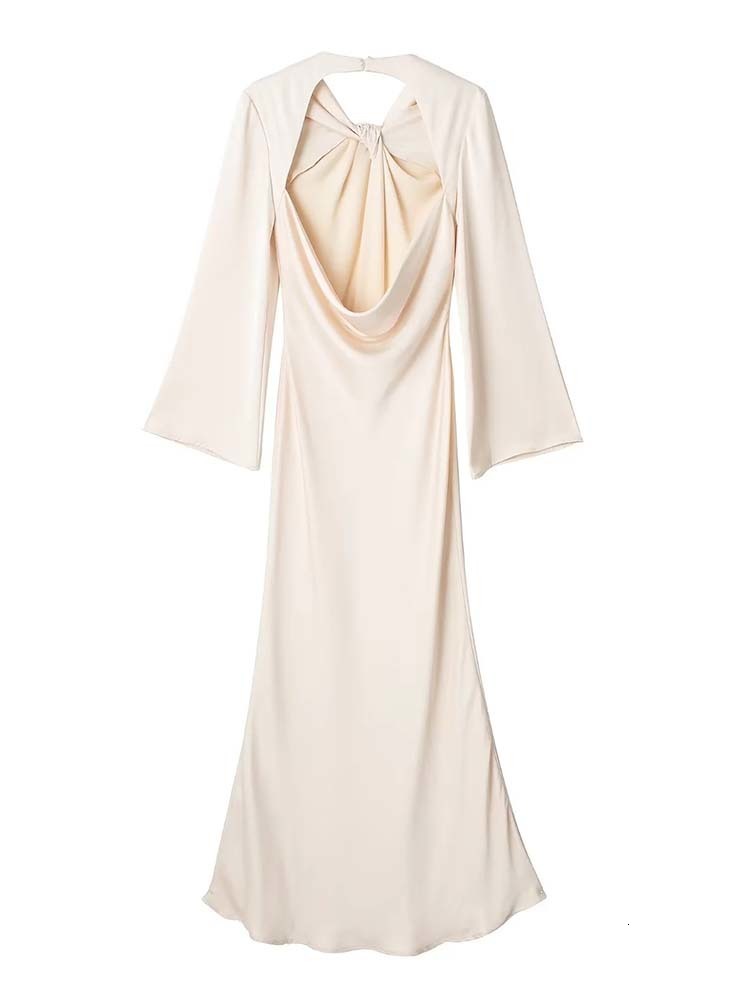 Casual Dresses KLKXMYT TRAF Satin Long Dress Women Backless Maxi Dress Woman Autumn Knot Party Dresses for Women Long Sleeve Female Dress 230313
