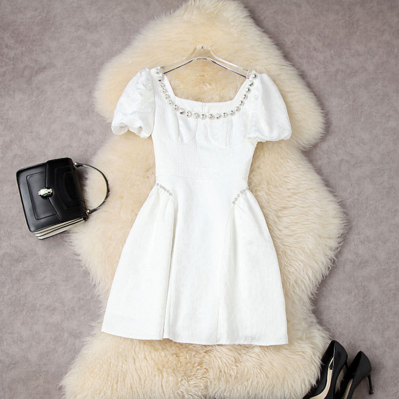 Summer Short Puff Sleeve Short Mini Dress Square Neck White / Black Solid Color Floral Jacquard Panelled Beaded Rhinestone Elegant Casual Dresses 22Q157009
Summer Short Puff Sleeve Short Mini Dress Square Neck White / Black Solid Color Floral Jacquard Panelled Beaded Rhinestone Elegant Casual Dresses 22Q157009