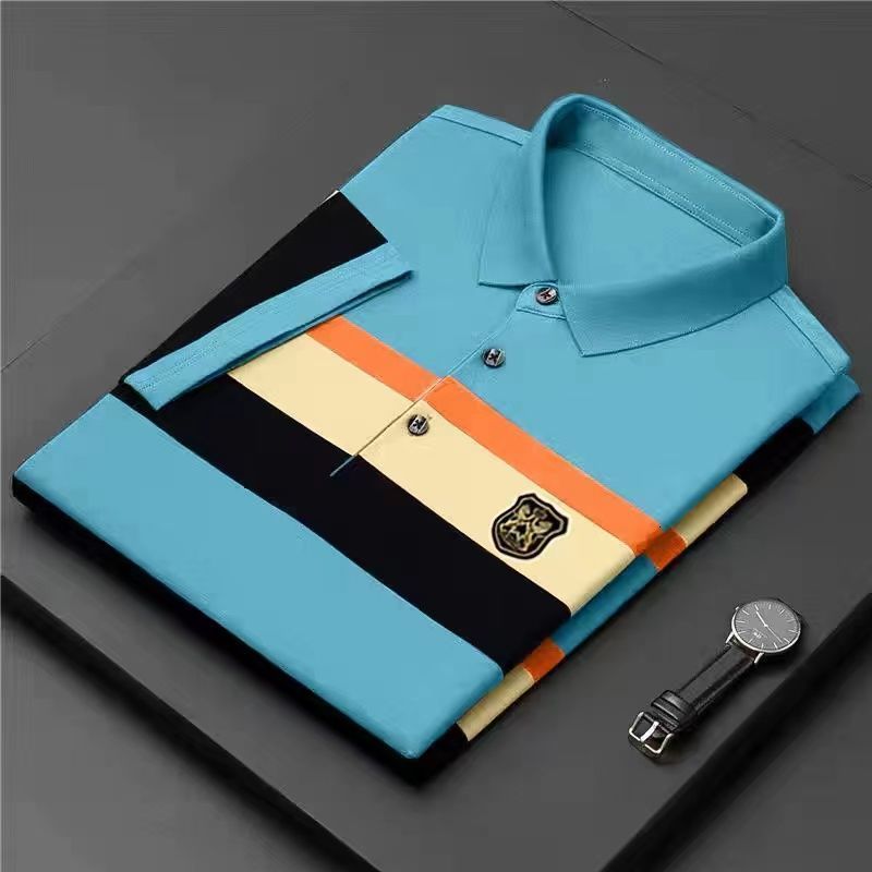 Men's T-Shirts Short Sleeve T-shirt Polo Shirt Men's Summer Stripe Lapel Slim Casual Versatile Tees Clothes Fashion Embroidery Pullover 2303