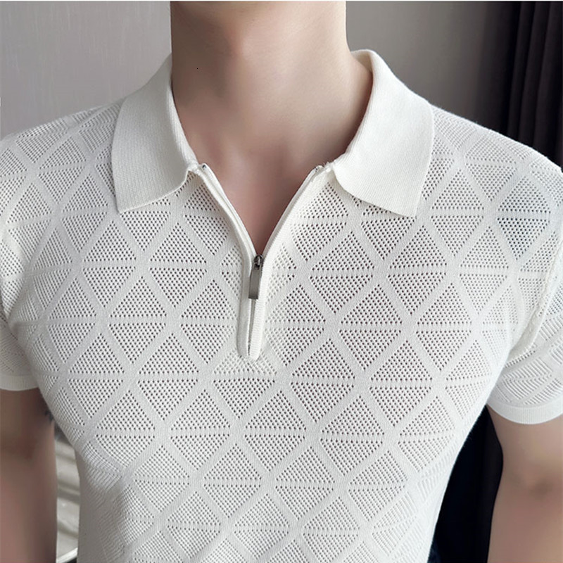 Men's T-Shirts Summer Thin Ice Silk Knitted Polo Shirts Mens Elasticity Mesh Casual T Shirt Male Short Sleeve O-Neck Slim Fit Breathable Polos 23