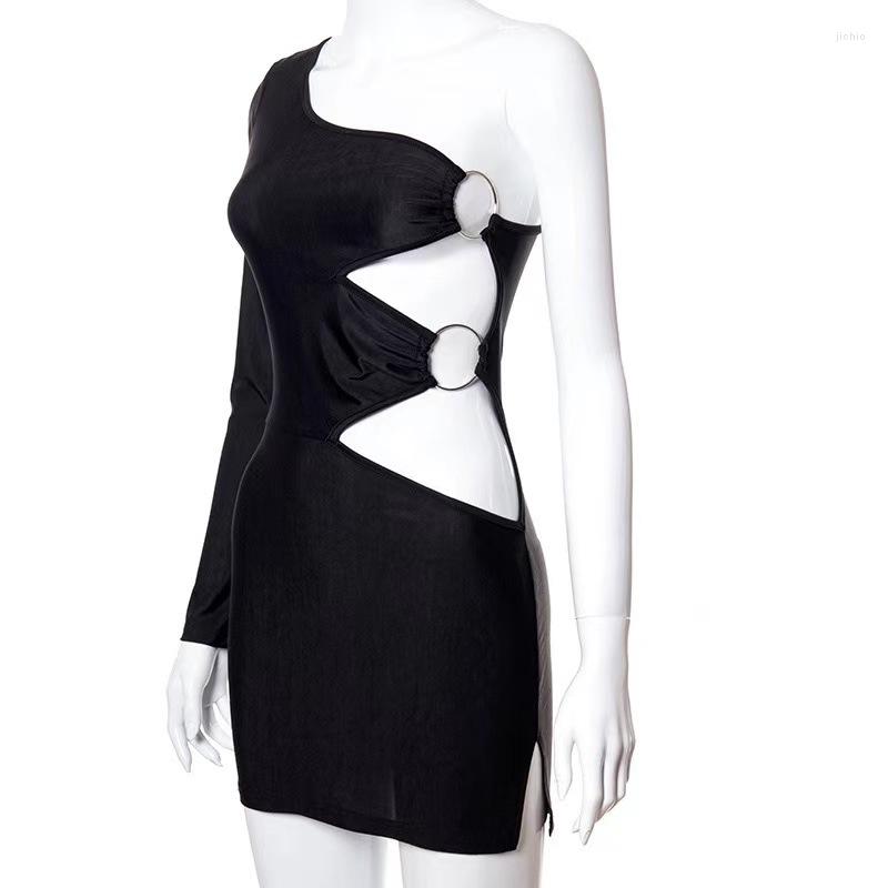 Casual Dresses Sexy Black Mini Dress Women Side Metal Ring Hollow Out One Shoulder Long Sleeve Slim Fit Bodycon Club Party Night Outfits