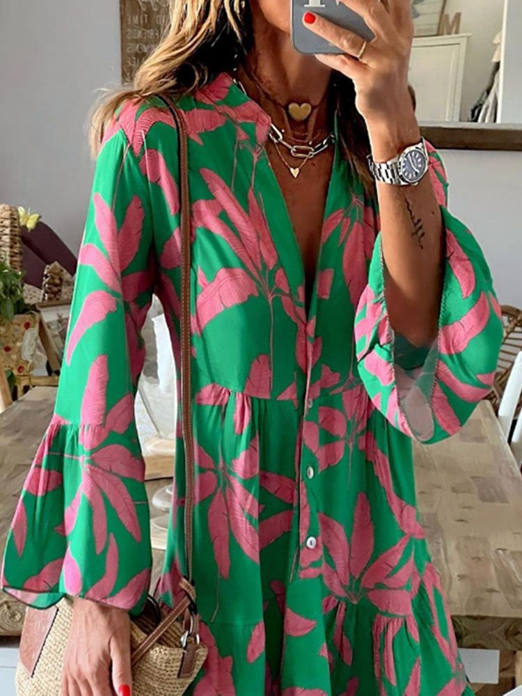 Casual Dresses Elegant Boho Print Dress Women V-neck Flare Sleeve Casual Loose A-line Dress Spring Ladies Vacation Shirt Dresses Vestidos 230313