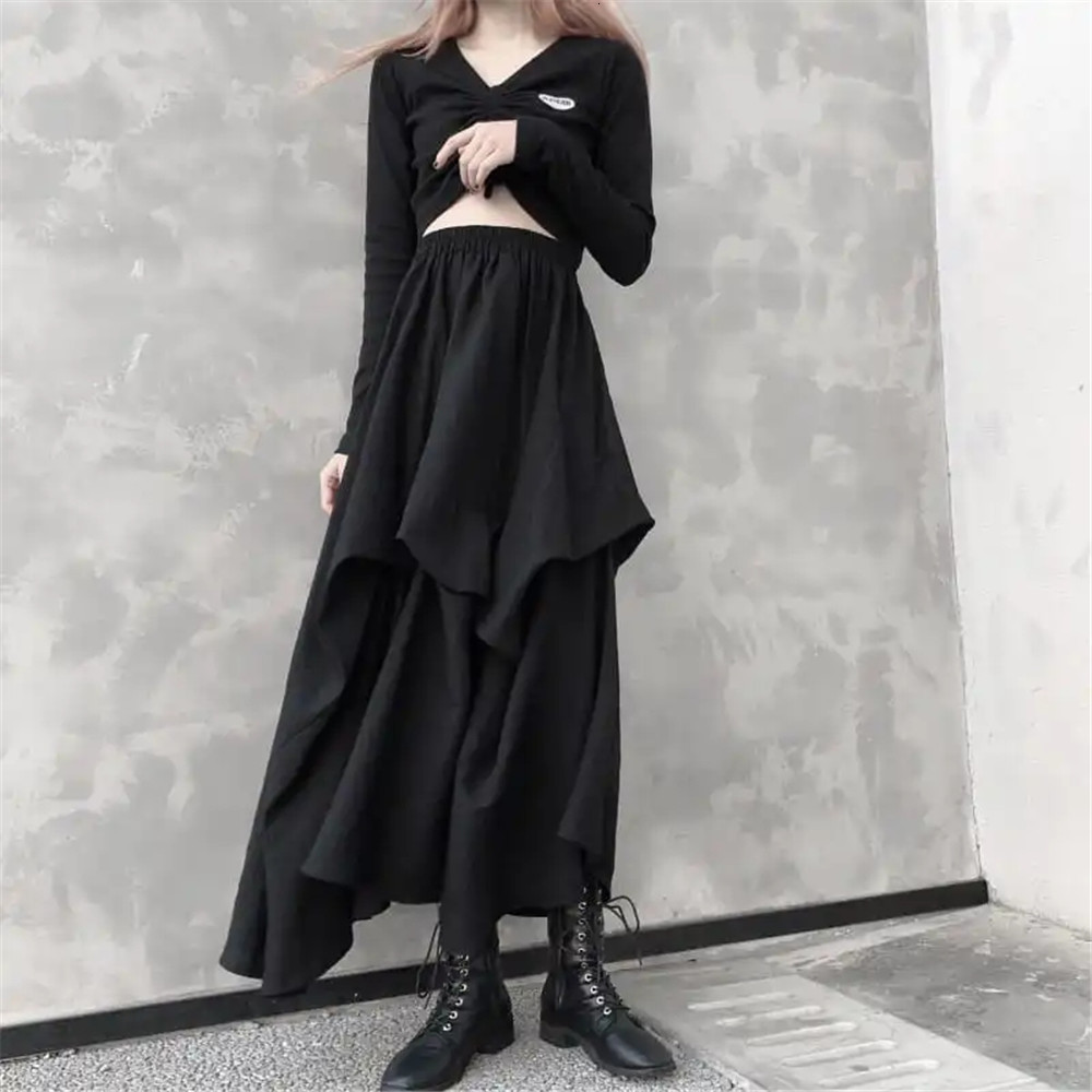 Skirts Gothic Black Long Skirts Women Harajuku Chic Hip Hop Irregular Elastic High Waist A-Line Skirt Female Dark Grunge Punk Skirt 230313