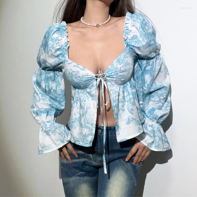 Women' Blouses Women Short Top Shirt Long Lantern Sleeve Print Low-Cut Tie-Up High Split Crop Tops Ladies Ruffles Slim Navel, Blue 
Women' Blouses Women Short Top Shirt Long Lantern Sleeve Print Low-Cut Tie-Up High Split Crop Tops Ladies Ruffles Slim Navel, Blue