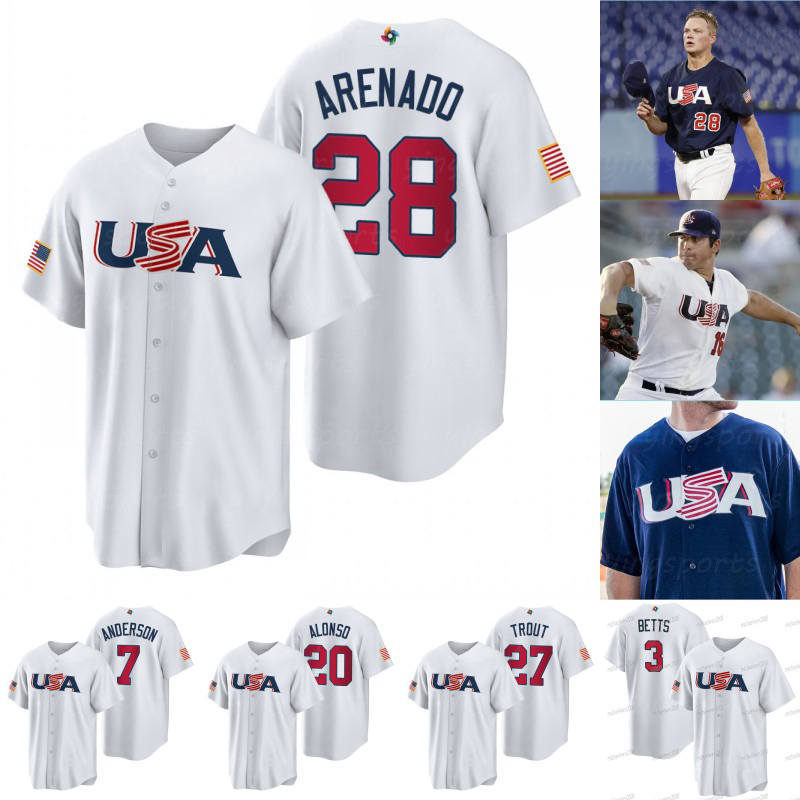 USA 2023 World Baseball Classic Jersey WBC 1 Jeff McNeil 3 Mookie Betts 7 Tim Anderson 25 Brooks Raley 27 Mike Trout 29 Merrill Kelly 31 Cedric Mullins 33 Lynn 39 Mikolas, White youth s-xl
USA 2023 World Baseball Classic Jersey WBC 1 Jeff McNeil 3 Mookie Betts 7 Tim Anderson 25 Brooks Raley 27 Mike Trout 29 Merrill Kelly 31 Cedric Mullins 33 Lynn 39 Mikolas, White youth s-xl