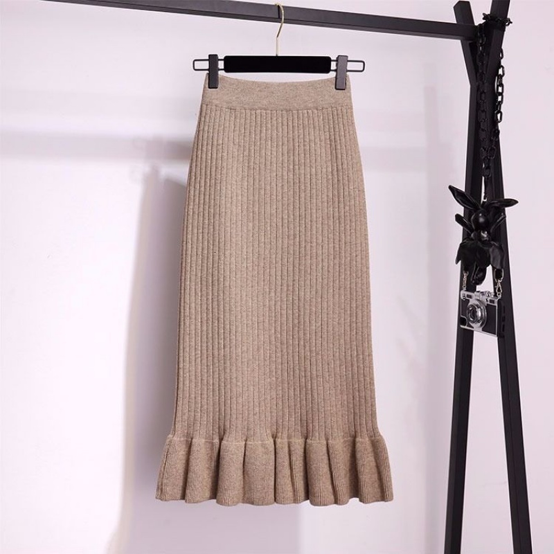 Skirts Women Elastic Waist Drawstring Skirts Knitted Medium Long Skirts Spring and autumn Midi Skirt Casual Office Female Skirts 230313
