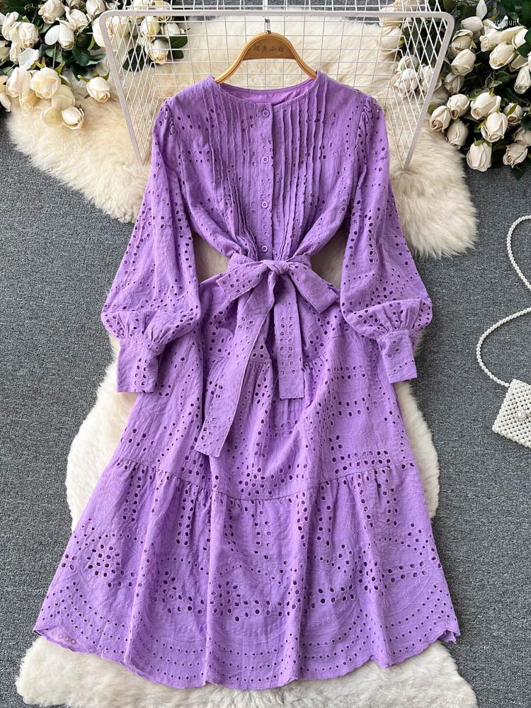Casual Dresses Fall Women Vintage Hollow Out Maxi Dress Round Neck Long Lantern Sleeve A-line Single Breasted Lace Up Vestidos Female, Blue
Casual Dresses Fall Women Vintage Hollow Out Maxi Dress Round Neck Long Lantern Sleeve A-line Single Breasted Lace Up Vestidos Female, Blue