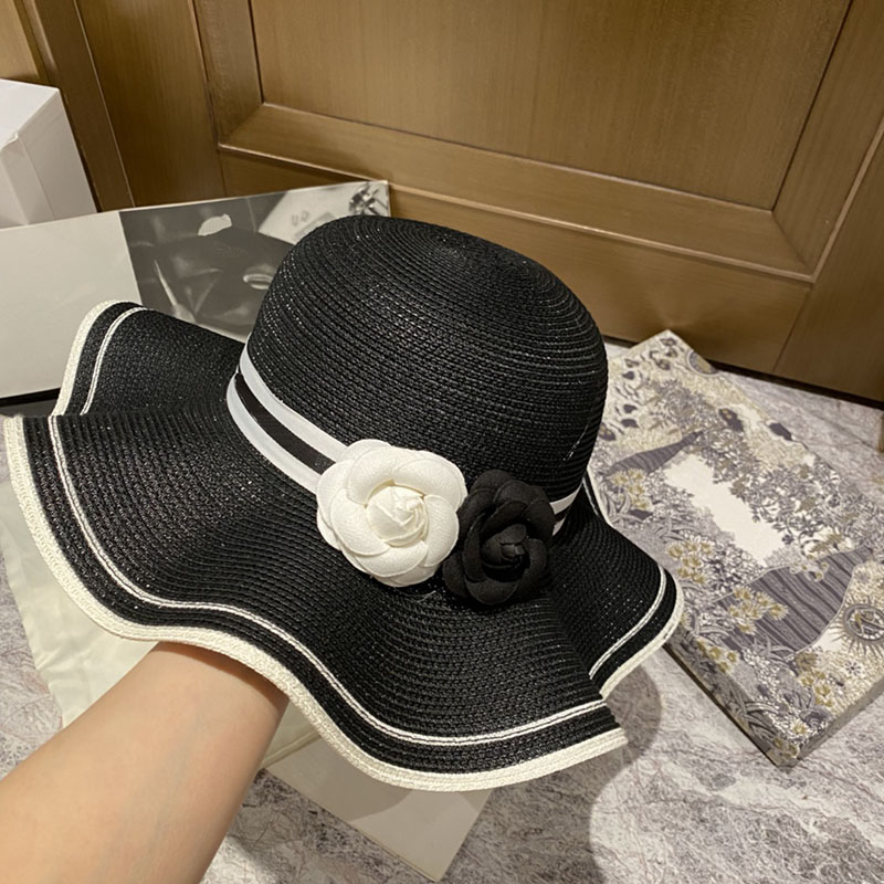 Lotus Leaf Elegant Lady Wide Brim Hats Double Color Camellia Women Straw Hats Striped Ribbon Dome Sun Hats