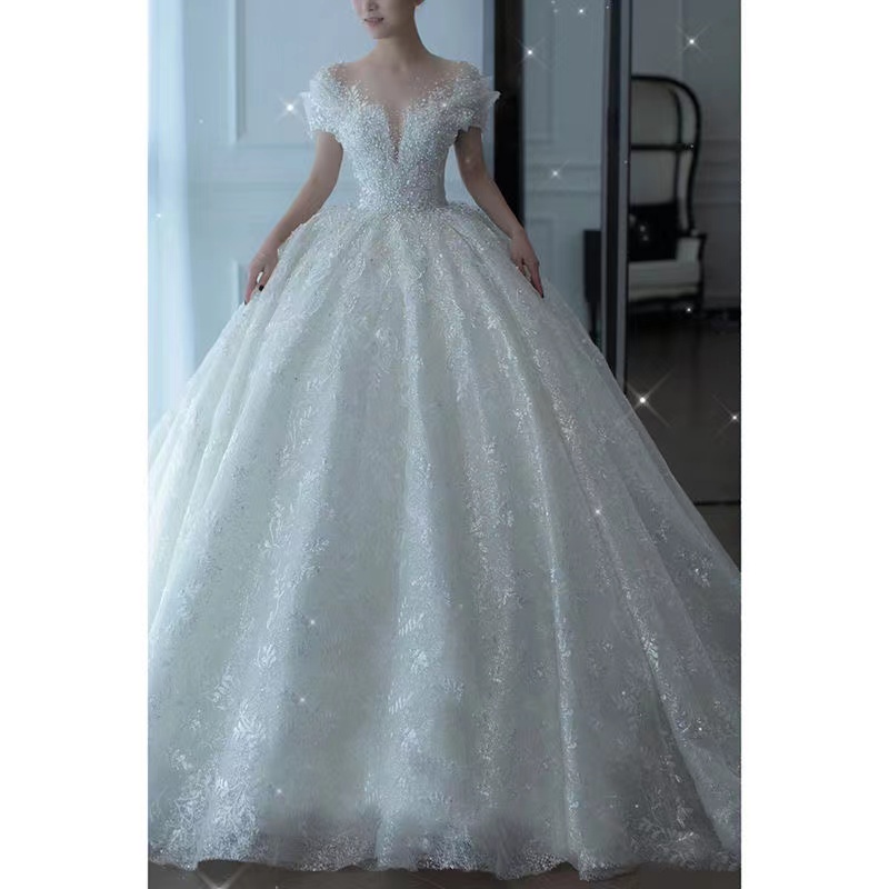 Plus Size ball gown Wedding Dresses Long beaded Puffy Tulle Bridal Gowns Appliqued Lace Ruched Open Back African Bride Dress Vestido De Novia 2023
