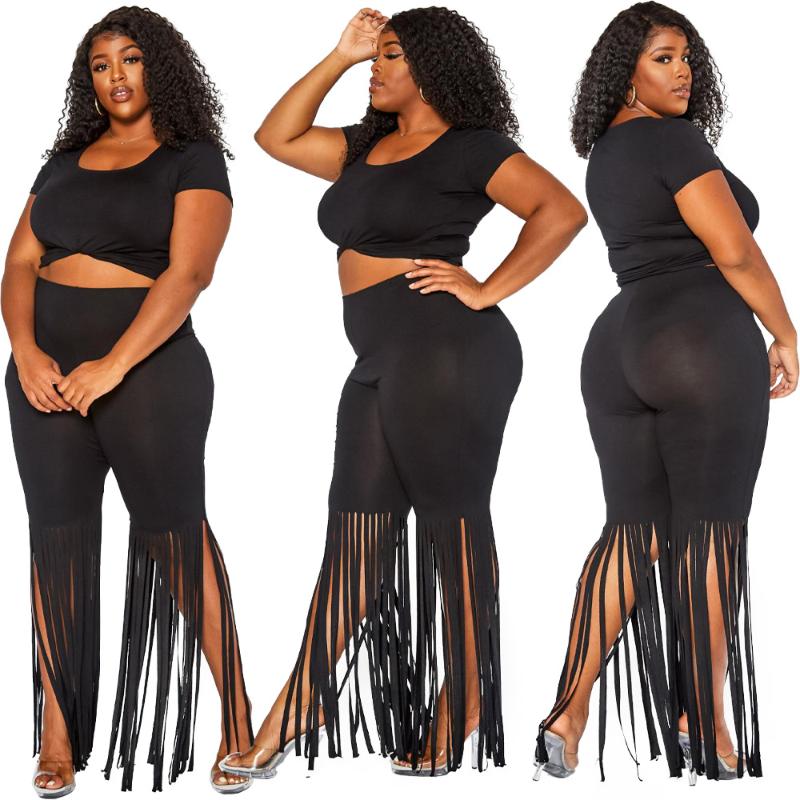 Women's Tracksuits Plus Size European And Beautiful Summer Style Solid Color Short-Sleeved Top With Fringed Five-Point Pants Two-Piece, Black
Women's Tracksuits Plus Size European And Beautiful Summer Style Solid Color Short-Sleeved Top With Fringed Five-Point Pants Two-Piece, Black