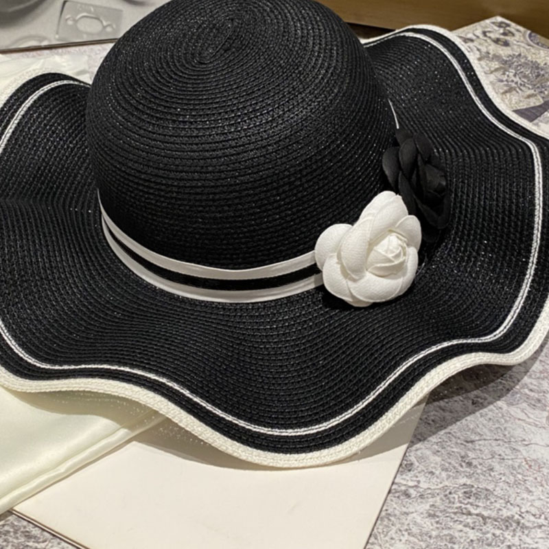 Lotus Leaf Elegant Lady Wide Brim Hats Double Color Camellia Women Straw Hats Striped Ribbon Dome Sun Hats