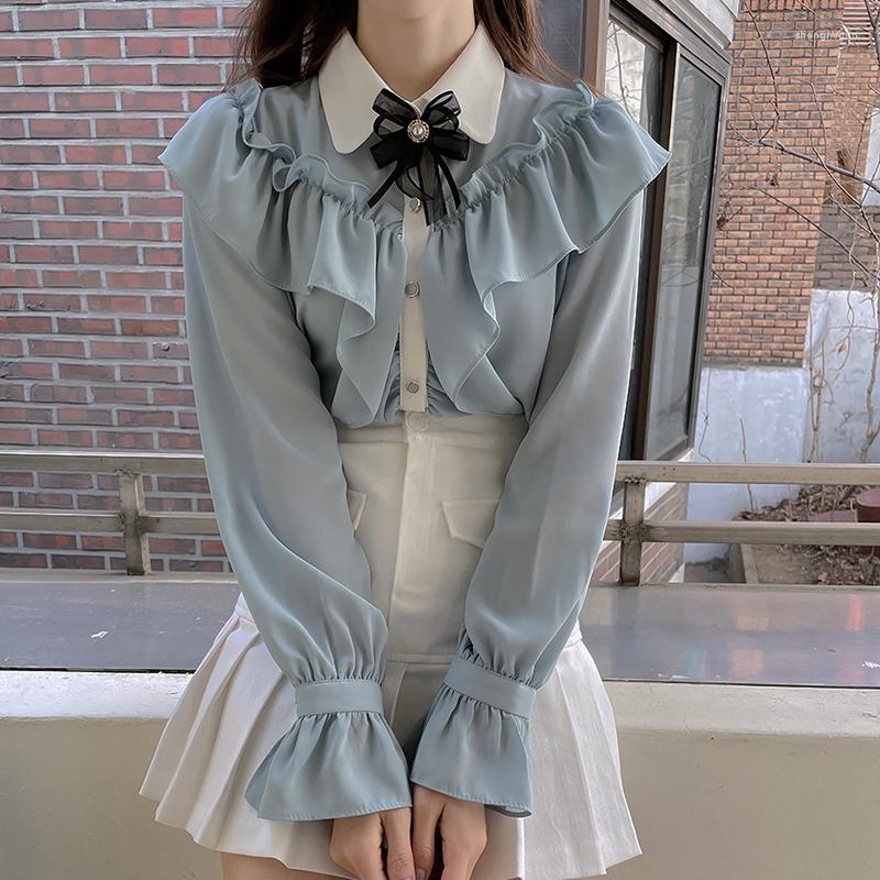 Women' Blouses 2023 Retro Shirt Elegant And Sweet Bow-knot Solid Color Ruffle Horn Long-sleeve Single-breasted Top, Blue 
Women' Blouses 2023 Retro Shirt Elegant And Sweet Bow-knot Solid Color Ruffle Horn Long-sleeve Single-breasted Top, Blue