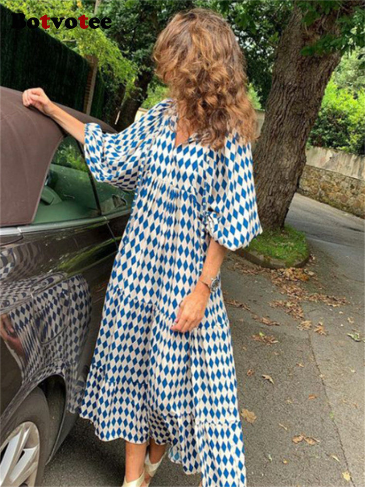 Casual Dresses Botvotee Maxi Dress for Women Geometric Print Puff Sleeve V Neck Elegant Summer Dresses Casual Oversized A Line Long Dress 230313