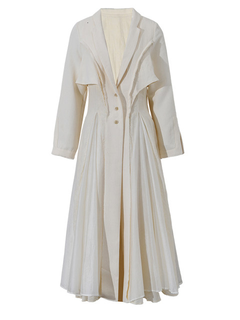Casual Dresses EAM Women Beige Pleated Liene Long Elegant Dress Lapel Neck Long Sleeve Loose Fit Fashion Spring Autumn 3W6617 230313