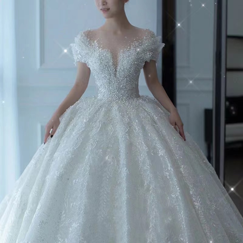 Plus Size ball gown Wedding Dresses Long beaded Puffy Tulle Bridal Gowns Appliqued Lace Ruched Open Back African Bride Dress Vestido De Novia 2023