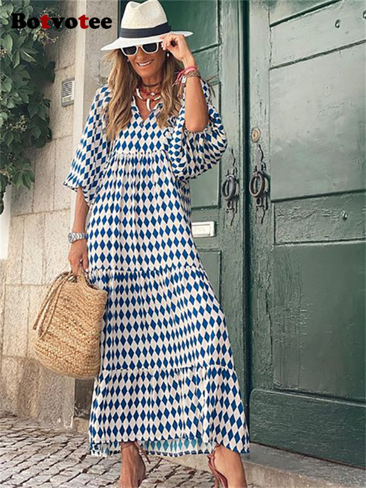 Casual Dresses Botvotee Maxi Dress for Women Geometric Print Puff Sleeve V Neck Elegant Summer Dresses Casual Oversized A Line Long Dress 230313