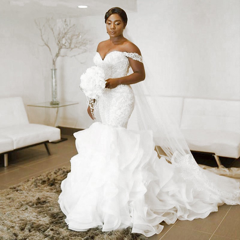 Ruffle Organza Mermaid Wedding Dress Lace Beads Pearls Off-the-shoulder Trumpet Bridal Gown Custom Made Women Robe De Mariage 2023, White
Ruffle Organza Mermaid Wedding Dress Lace Beads Pearls Off-the-shoulder Trumpet Bridal Gown Custom Made Women Robe De Mariage 2023, White