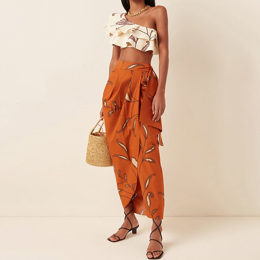 Women's Swimwear OneShoulder Swimsuit Fashion Beige Ruched Printed Bikini High Waist Bottom Beach Bathing Suit 230313