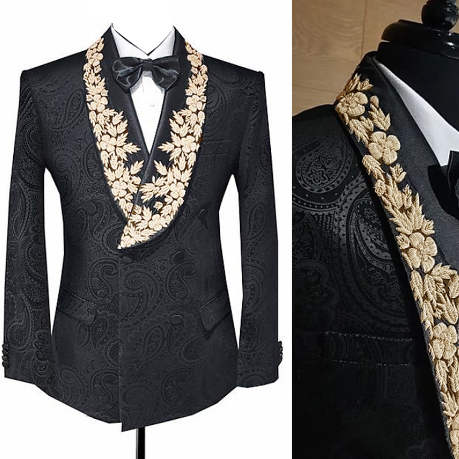 Men's Suits Blazers Luxury Black Jacquard Gold Lace Applique Men's Suits Shawl Lapel Wedding Suits for Men Prom Tuxedos Blazers Ropa hombre 230313, 3 pcs gold wing
Men's Suits Blazers Luxury Black Jacquard Gold Lace Applique Men's Suits Shawl Lapel Wedding Suits for Men Prom Tuxedos Blazers Ropa hombre 230313, 3 pcs gold wing