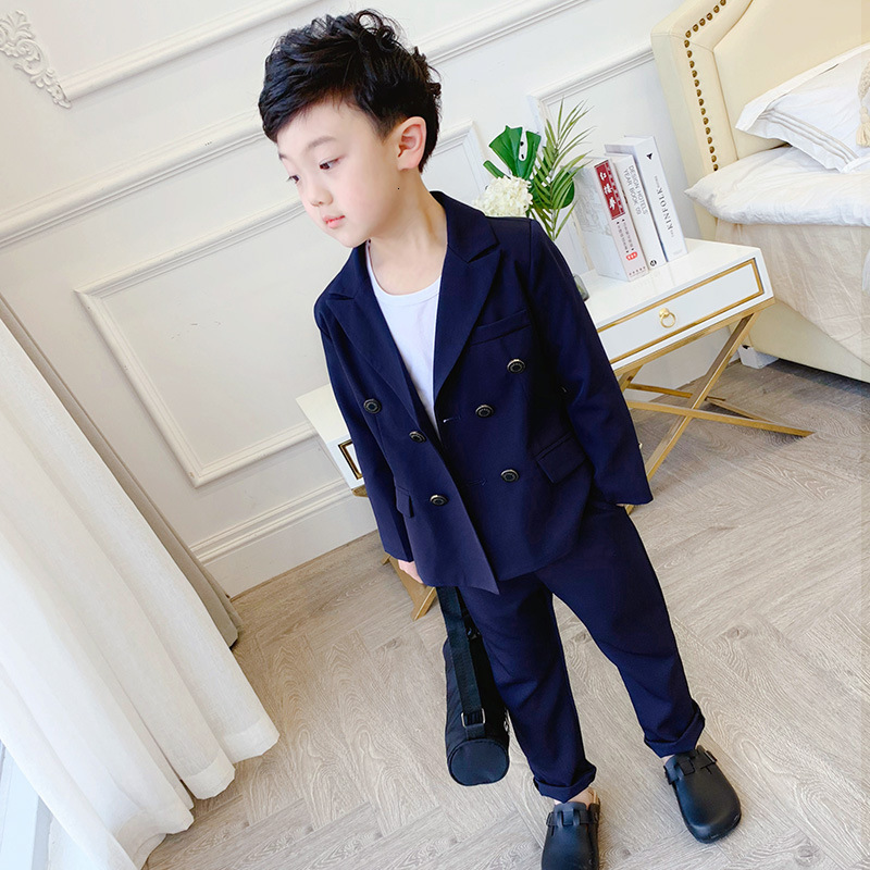 Suits Spring Autumn Children Double Breasted Suit Set Kids Wedding Party Performance Costume Boys Pure Color Blazer Pants 2pcs Outfits 230313