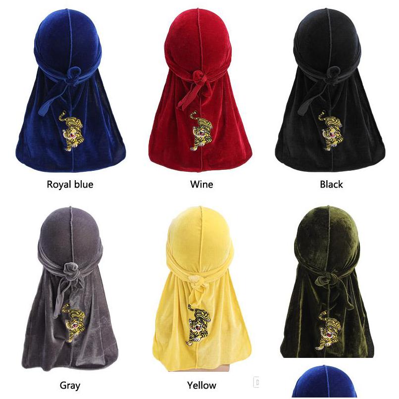Caps Hats Uni Durag Colorf Tiger Embroidered Veet Bandana Solid Color Hat Long Tail Headwrap Fashion Animal Shape Headband Drop De Dhq4A, Many colors
Caps Hats Uni Durag Colorf Tiger Embroidered Veet Bandana Solid Color Hat Long Tail Headwrap Fashion Animal Shape Headband Drop De Dhq4A, Many colors