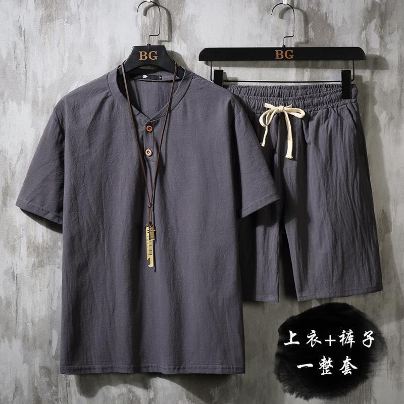 Men's T-Shirts Summer Linen Cotton T-shirt Men's Set Chinese Style Short Sleeve Sportswear Pants 2 Piece Sets Men Tracksuit Solid Suit 23031