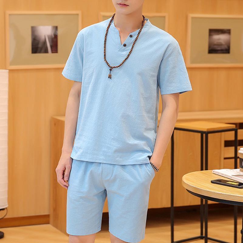 Men's T-Shirts Summer Linen Cotton T-shirt Men's Set Chinese Style Short Sleeve Sportswear Pants 2 Piece Sets Men Tracksuit Solid Suit 23031