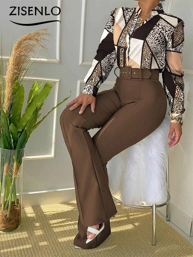 Chic Two-Piece Printed Shirt And High-Waisted Pants Set: Casual Fashion Suit For Women ()